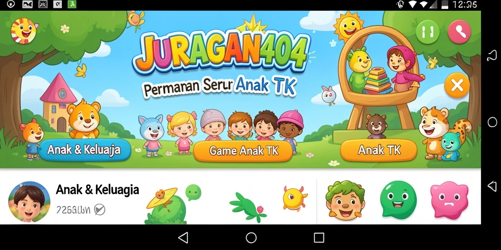 Antarmuka JURAGAN404 yang ceria dan interaktif untuk anak-anak.