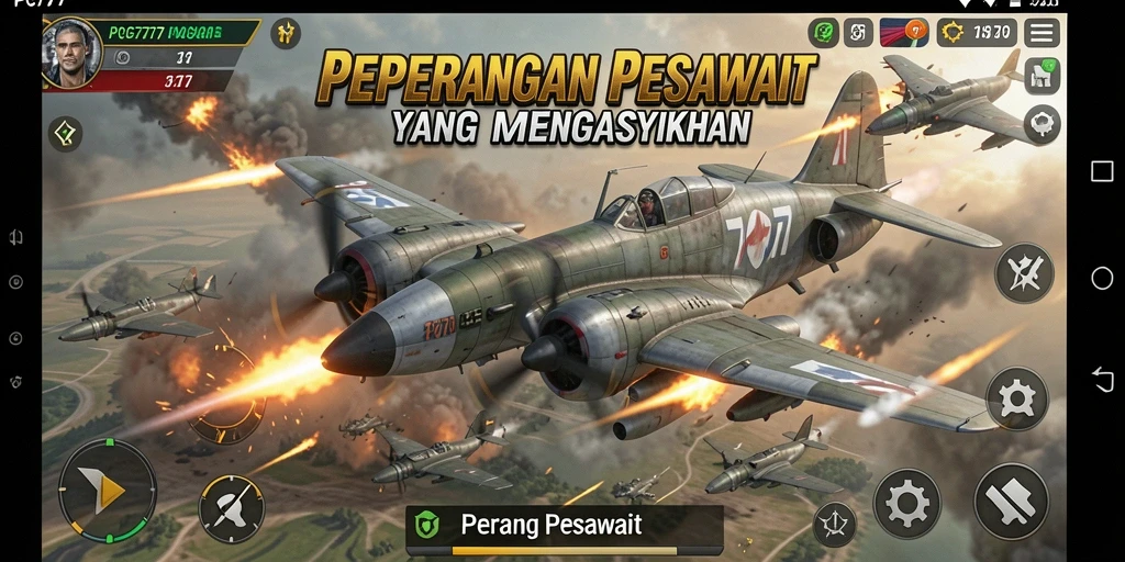 Tampilan antarmuka PG777 yang menarik dan fungsional di tengah pertempuran pesawat.